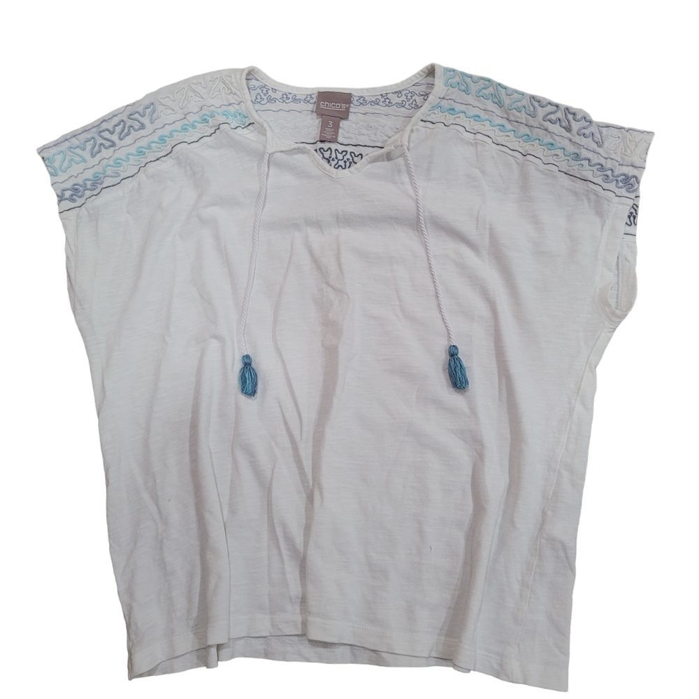 Chico's Womens Boho Embroidered Blouse Tassel Bell Sleeves Cotton Size‎ 3